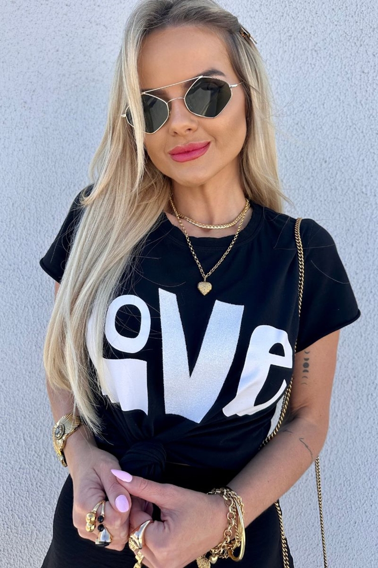 T-SHIRT PURE LOVE STRASS - PRETO, Atacado Tshirt